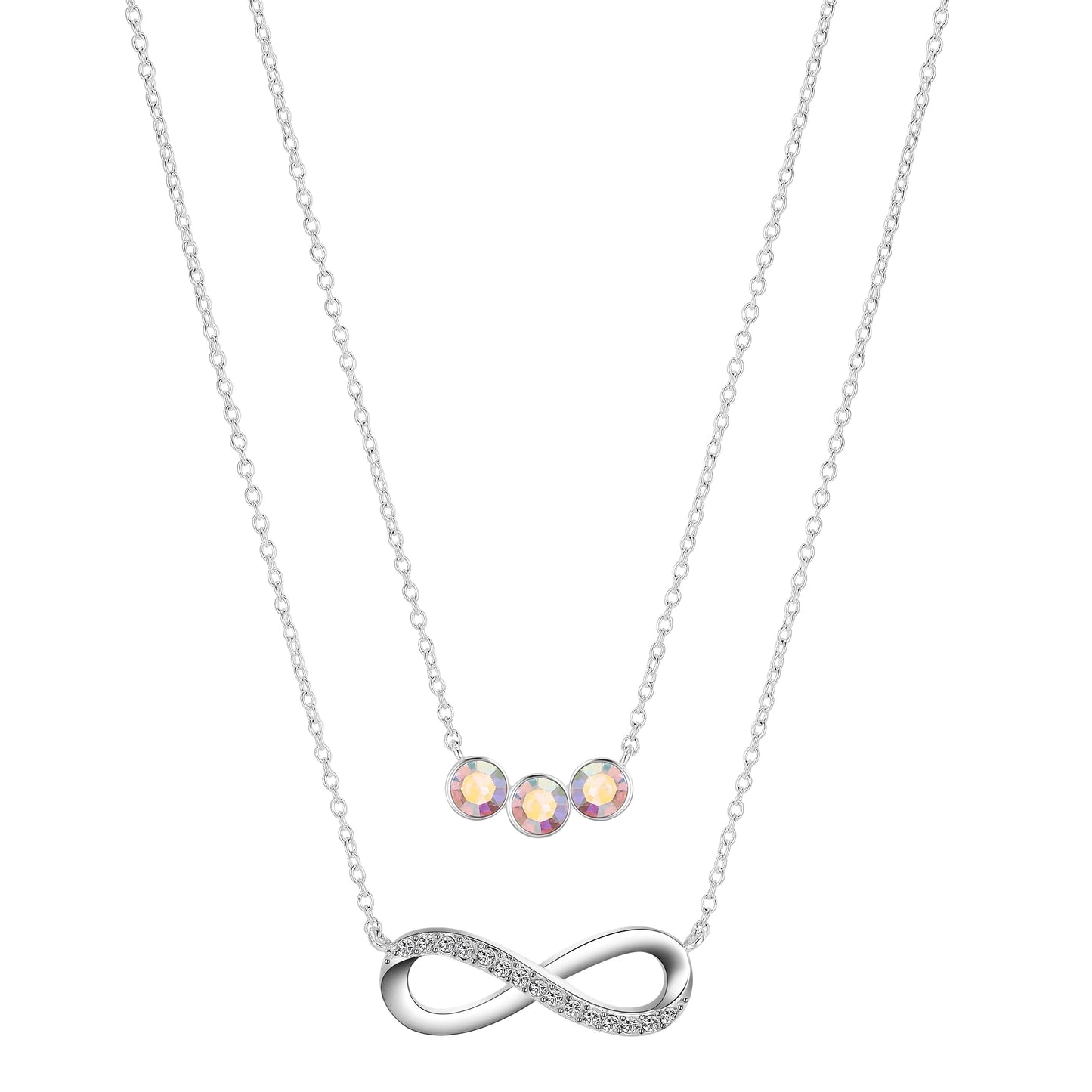 Women'S Fine Silver Plated Cubic Zirconia Infinity and Arora Boralis Triple Crystal Necklace Set, 16+2" & 18+2" Extender